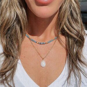 Blue Beaded Gemstone Necklace w/Gold Beads WATERPROOF Jewelry Layering Necklace